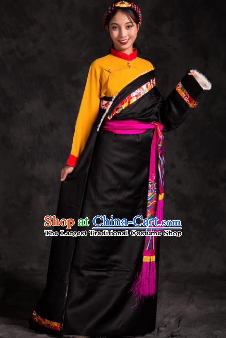 Chinese Traditional Ethnic Female Black Tibetan Robe Zang Nationality Heishui Dance Costume for Women