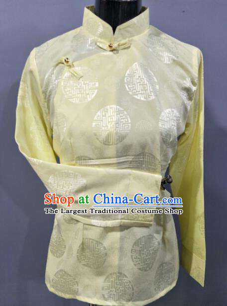 Traditional Chinese National Ethnic Tibetan Light Yellow Blouse Zang Nationality Folk Dance Costume for Women