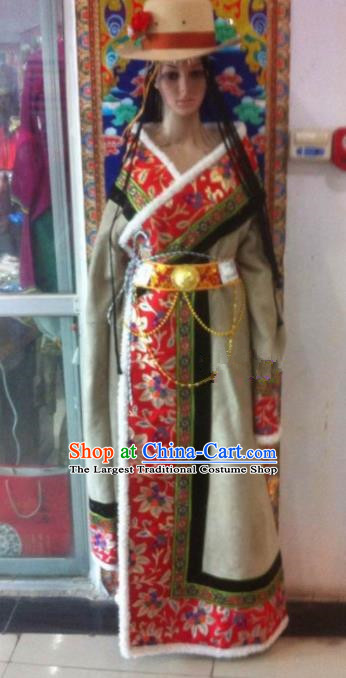 Traditional Chinese National Ethnic Winter Tibetan Robe Zang Nationality Folk Dance Costume for Women