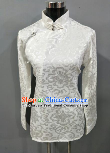 Traditional Chinese National Ethnic Tibetan White Brocade Blouse Zang Nationality Folk Dance Costume for Women