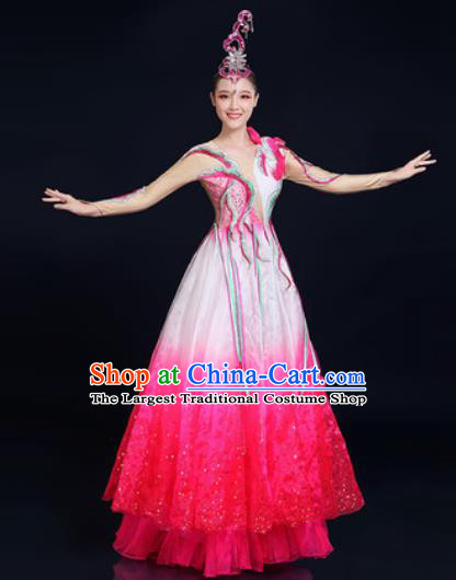 Traditional Chinese Classical Dance Rosy Dress Umbrella Dance Stage Performance Fan Dance Costume for Women