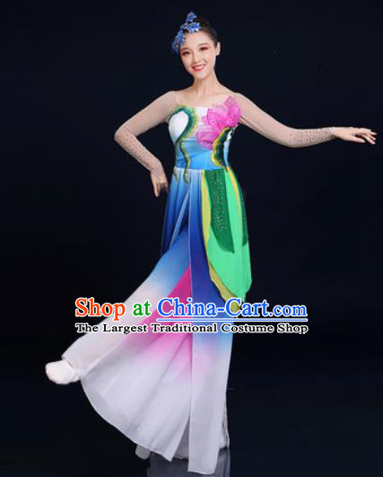 Traditional Chinese Classical Dance Blue Dress Umbrella Dance Stage Performance Fan Dance Costume for Women