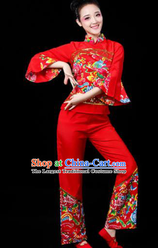 Traditional Chinese Folk Dance Printing Red Clothing Yangko Dance Fan Dance Costume for Women