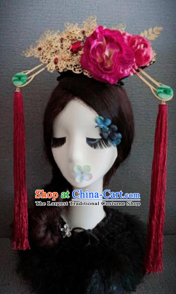 Traditional Chinese Ancient Qing Dynasty Palace Hair Accessories Queen Rosy Peony Headwear for Women