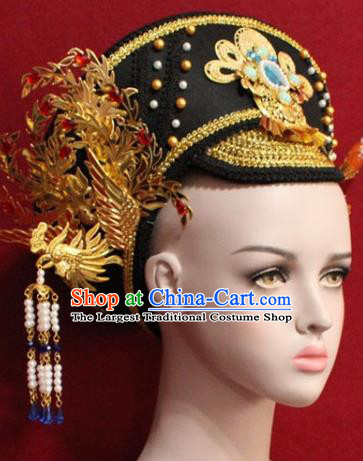 Chinese Ancient Manchu Empress Headwear Golden Phoenix Hat Traditional Qing Dynasty Queen Hair Accessories for Women