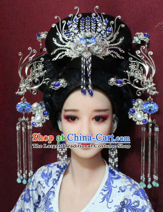 Chinese Ancient Queen Tassel Cloisonne Phoenix Coronet Hairpins Traditional Palace Wedding Hair Accessories for Women