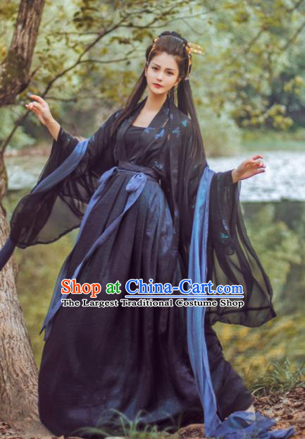 Chinese Traditional Jin Dynasty Imperial Consort Black Hanfu Dress Ancient Peri Goddess Costume for Women