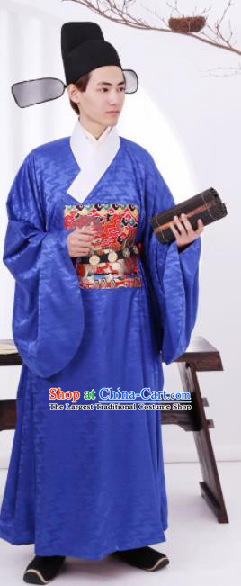 Traditional Chinese Ancient Bridegroom Blue Robe Ming Dynasty Official Historical Costume for Men