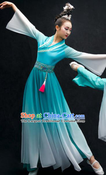 Chinese Classical Dance Costume Traditional Umbrella Dance Light Blue Dress for Women