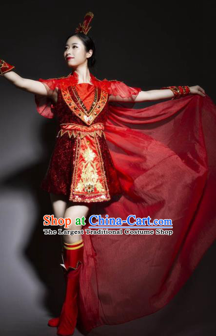 Chinese Traditional Stage Performance Costume Folk Dance Drum Dance Red Dress for Women