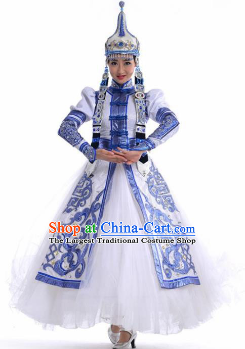 Chinese Traditional Mongol Nationality Ethnic Dance Costume Minority Princess Folk Dance White Dress for Women