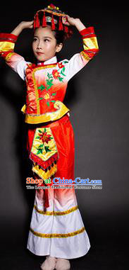 Chinese Maonan Nationality Stage Performance Costume Traditional Ethnic Minority Red Clothing for Kids