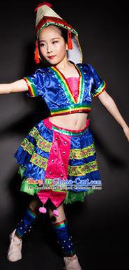 Chinese Jino Nationality Stage Performance Costume Traditional Ethnic Minority Blue Clothing for Kids