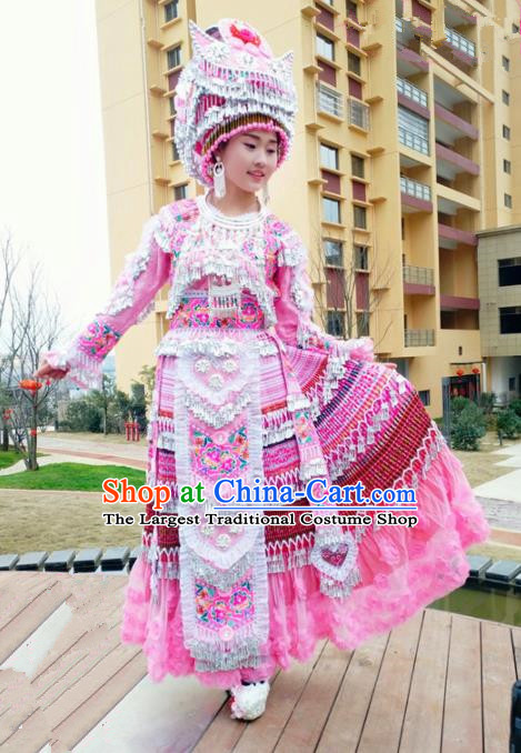 Traditional Chinese Minority Ethnic Folk Dance Bride Pink Dress Miao Nationality Stage Performance Costume and Hat for Women