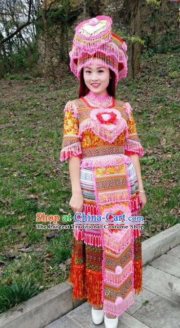 Chinese Traditional Miao Nationality Bride Red Dress Minority Ethnic Folk Dance Costume for Women