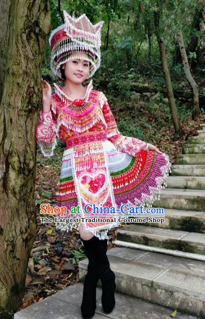 Chinese Traditional Miao Nationality Rosy Short Dress Minority Ethnic Folk Dance Costume for Women