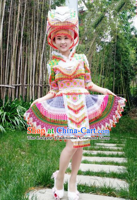 Traditional Chinese Miao Nationality Short Pleated Dress Minority Ethnic Folk Dance Costume and Hat for Women