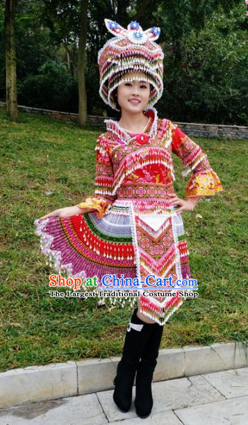 Traditional Chinese Miao Nationality Stage Performance Costume Minority Ethnic Folk Dance Red Short Dress and Hat for Women