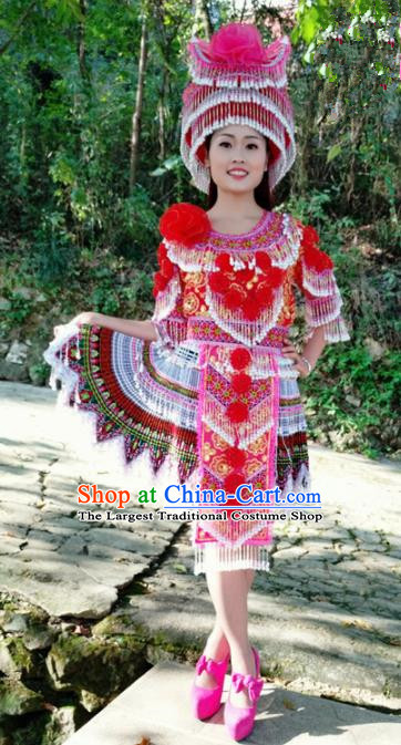 Traditional Chinese Minority Ethnic Folk Dance Pleated Skirt Miao Nationality Stage Performance Costume and Hat for Women