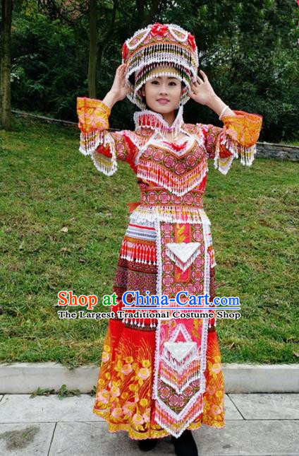 Traditional Chinese Miao Nationality Bride Embroidered Red Long Dress Minority Ethnic Folk Dance Stage Performance Costume for Women