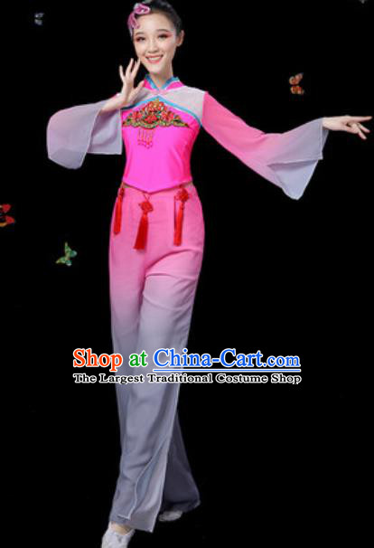 Traditional Chinese Yangko Group Dance Rosy Clothing Folk Dance Fan Dance Stage Performance Costume for Women