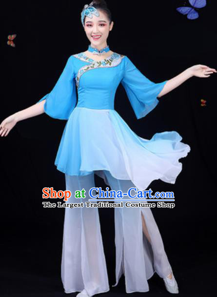 Chinese Traditional Classical Dance Blue Dress Umbrella Dance Group Dance Stage Performance Costume for Women