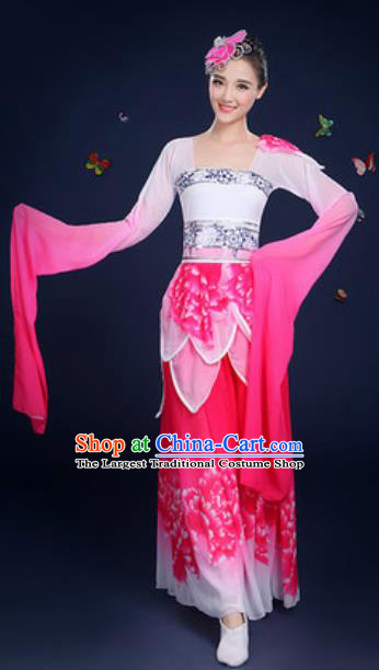 Chinese Traditional Umbrella Dance Lotus Dance Rosy Dress Classical Dance Stage Performance Costume for Women