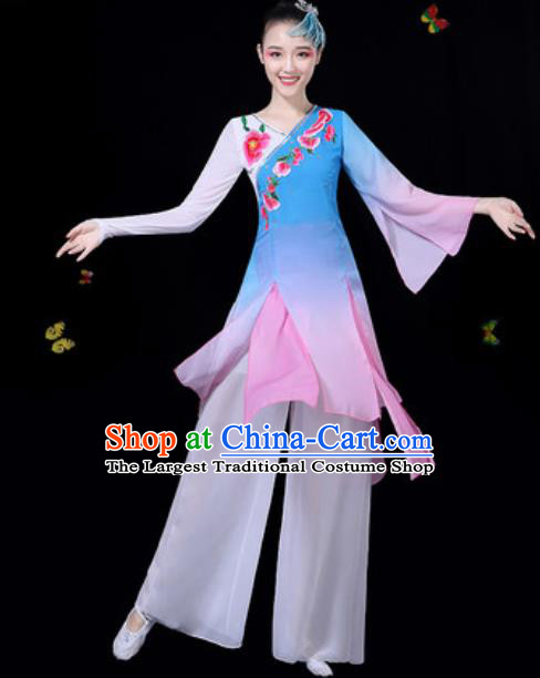 Traditional Chinese Classical Dance Blue Dress Umbrella Dance Group Dance Stage Performance Costume for Women