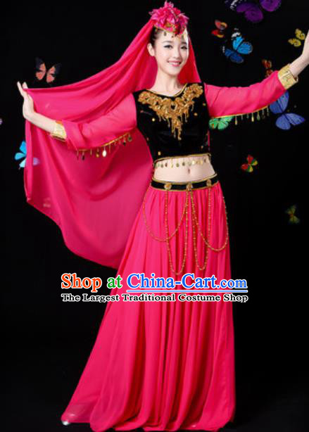 Traditional Chinese Minority Ethnic Rosy Dress Uyghur Nationality Folk Dance Stage Performance Costume for Women