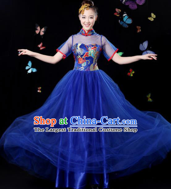 Chinese Traditional Classical Dance Royalblue Veil Dress Umbrella Dance Group Dance Stage Performance Costume for Women