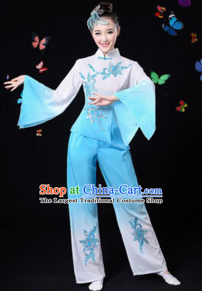 Traditional Chinese Yangko Dance Light Blue Clothing Folk Dance Fan Dance Stage Performance Costume for Women