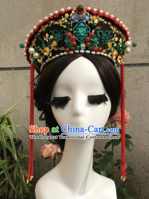 Traditional Chinese Qing Dynasty Palace Queen Blueing Hat Headwear Ancient Manchu Lady Hair Accessories for Women