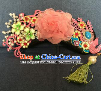 Traditional Chinese Qing Dynasty Palace Pink Phoenix Coronet Headwear Ancient Manchu Lady Hair Accessories for Women