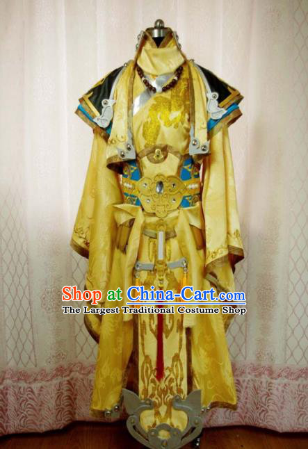 Traditional Chinese Cosplay Royal Highness Yellow Clothing Ancient Swordsman Embroidered Costume for Men