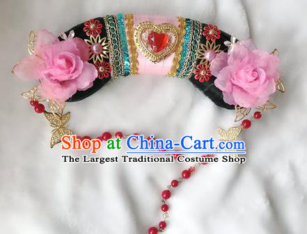 Traditional Chinese Qing Dynasty Imperial Consort Pink Peony Headwear Ancient Palace Manchu Hair Accessories for Women