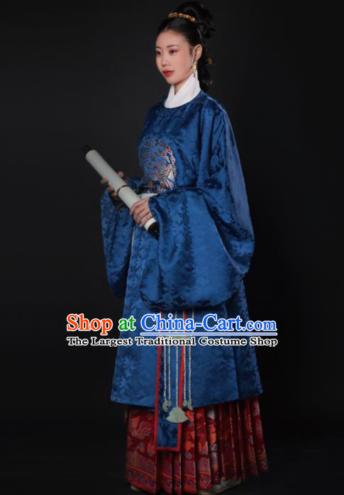 Chinese Ancient Ming Dynasty Court Dowager Navy Hanfu Dress Traditional Imperial Consort Embroidered Historical Costume for Women