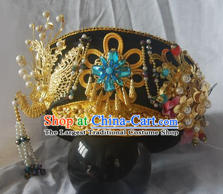 Chinese Qing Dynasty Manchu Imperial Consort Royal Golden Phoenix Hat Headwear Hairpins Ancient Handmade Queen Hair Accessories for Women