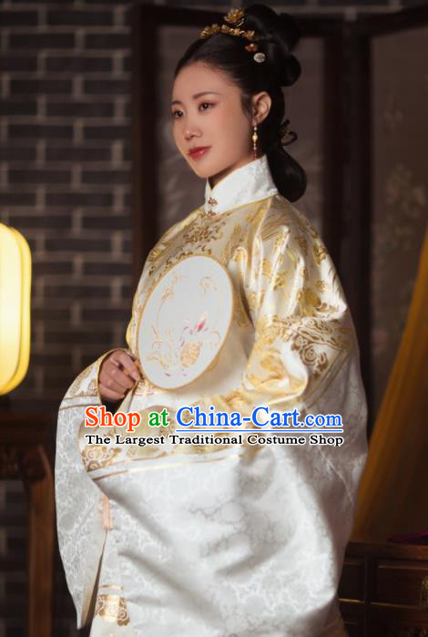 Chinese Ancient Ming Dynasty Court Dowager White Hanfu Dress