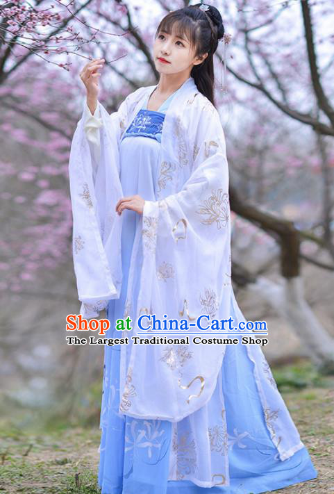 Chinese Ancient Peri Goddess Embroidered Hanfu Dress Traditional Tang Dynasty Historical Costume for Women