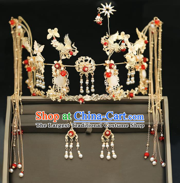 Handmade Chinese Ancient Wedding Tassel Hairpins Cranes Phoenix Coronet Traditional Bride Hanfu Hair Accessories for Women