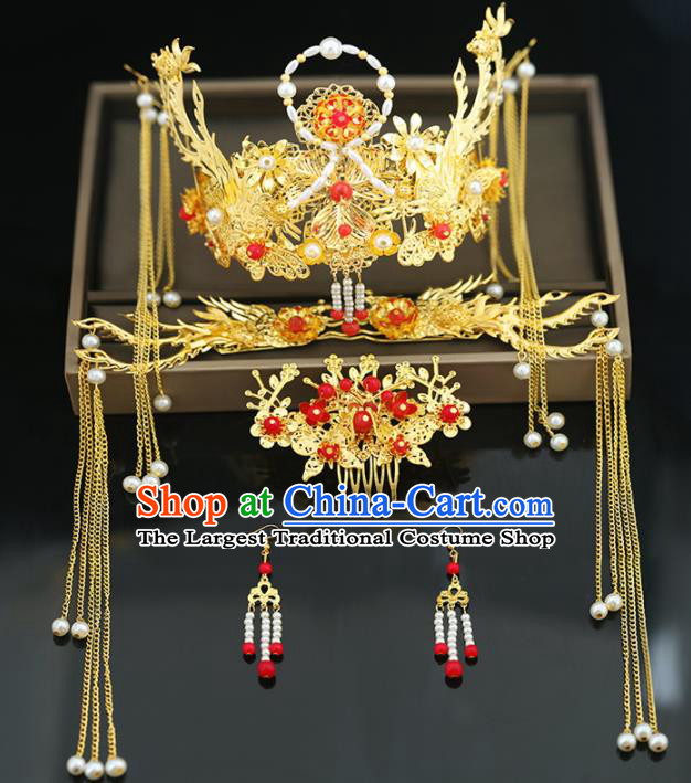 Handmade Chinese Ancient Wedding Hairpins Tassel Step Shake Pearls Phoenix Coronet Traditional Bride Hanfu Hair Accessories for Women