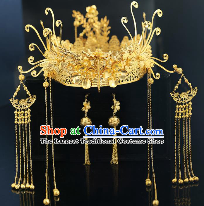 Handmade Chinese Ancient Wedding Golden Phoenix Coronet Tassel Hairpins Traditional Bride Hanfu Hair Accessories for Women