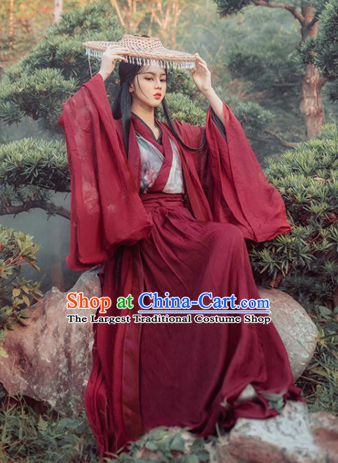 Chinese Traditional Ancient Swordswoman Red Hanfu Dress Jin Dynasty Court Princess Historical Costume for Women