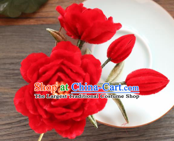 Chinese Handmade Red Velvet Peony Hairpins Ancient Palace Hair Accessories Headwear for Women