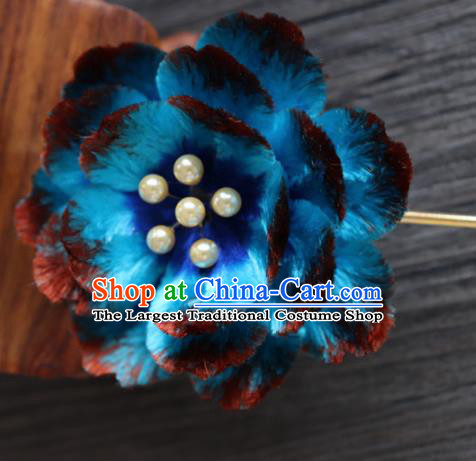 Chinese Handmade Blue Velvet Flowers Hairpins Ancient Palace Hair Accessories Headwear for Women