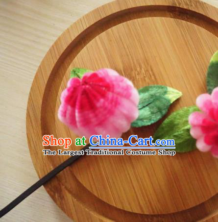 Chinese Handmade Rosy Velvet Chrysanthemum Hairpins Ancient Palace Queen Hair Accessories Headwear for Women