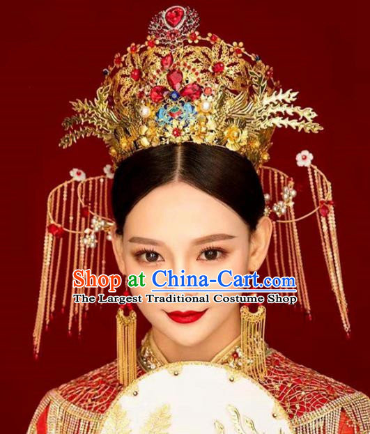 Chinese Handmade Palace Queen Red Crystal Phoenix Coronet Hairpins Ancient Hair Accessories Headwear for Women