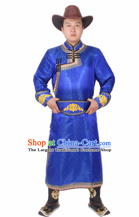 Chinese Ethnic Prince Costume Royalblue Mongolian Robe Traditional Mongol Nationality Folk Dance Clothing for Men