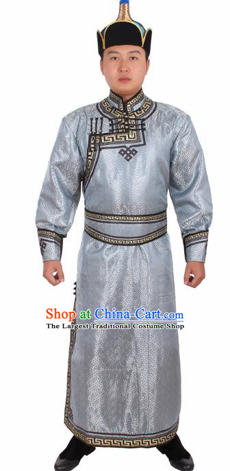 Chinese Ethnic Prince Costume Grey Mongolian Robe Traditional Mongol Nationality Folk Dance Clothing for Men