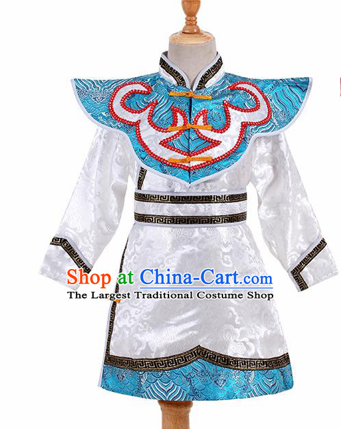 Chinese Ethnic Costume White Brocade Robe Traditional Mongol Nationality Folk Dance Clothing for Kids